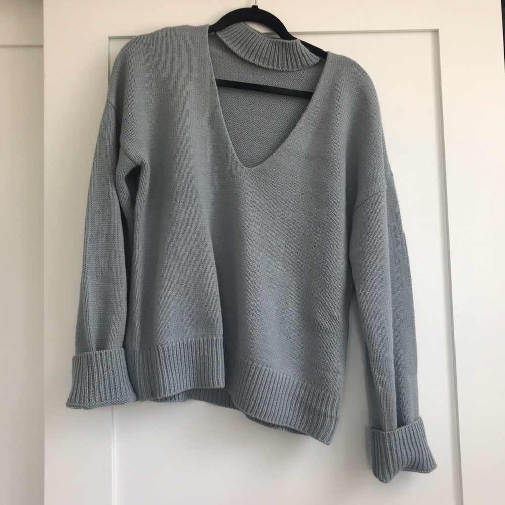 Tobi Dusty Blue V Neck cut out sweater - Picture 3 of 5